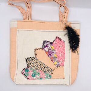 Basic Tote Bag, Peach Repurposed Fan Quilt  With Pockets and Hanging Fuzzy Charm